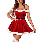 Avidlove Christmas Dresses for Women Velvet Santa Outfit Off Shoulder Mrs Claus Costume