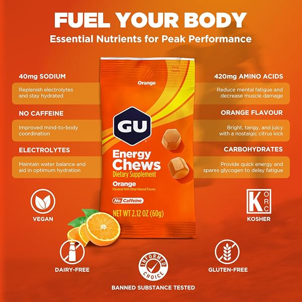 GU ENERGY CHEWS, ORANGE ENERGY GUMMIES WITH ELECTROLYTES, VEGAN, GLUTEN-FREE, KOSHER, CAFFEINE-FREE, AND DAIRY-FREE ON-THE-GO ENERGY FOR ANY WORKOUT, 12 BAGS (24 SERVINGS TOTAL)