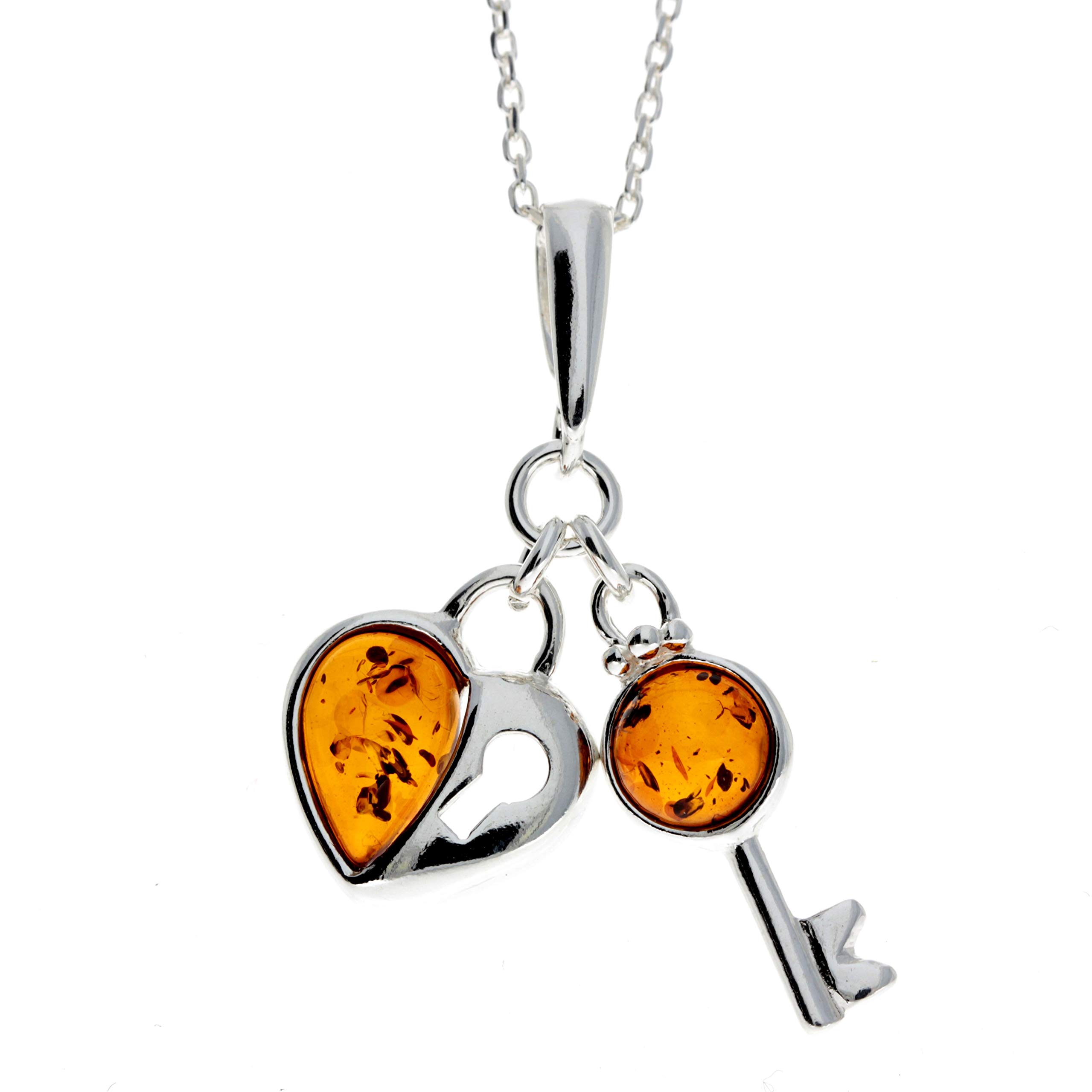 Lovely 925 Sterling Silver & Baltic Amber Designer Key & Heart Pendant - GL336 - Chain not included.