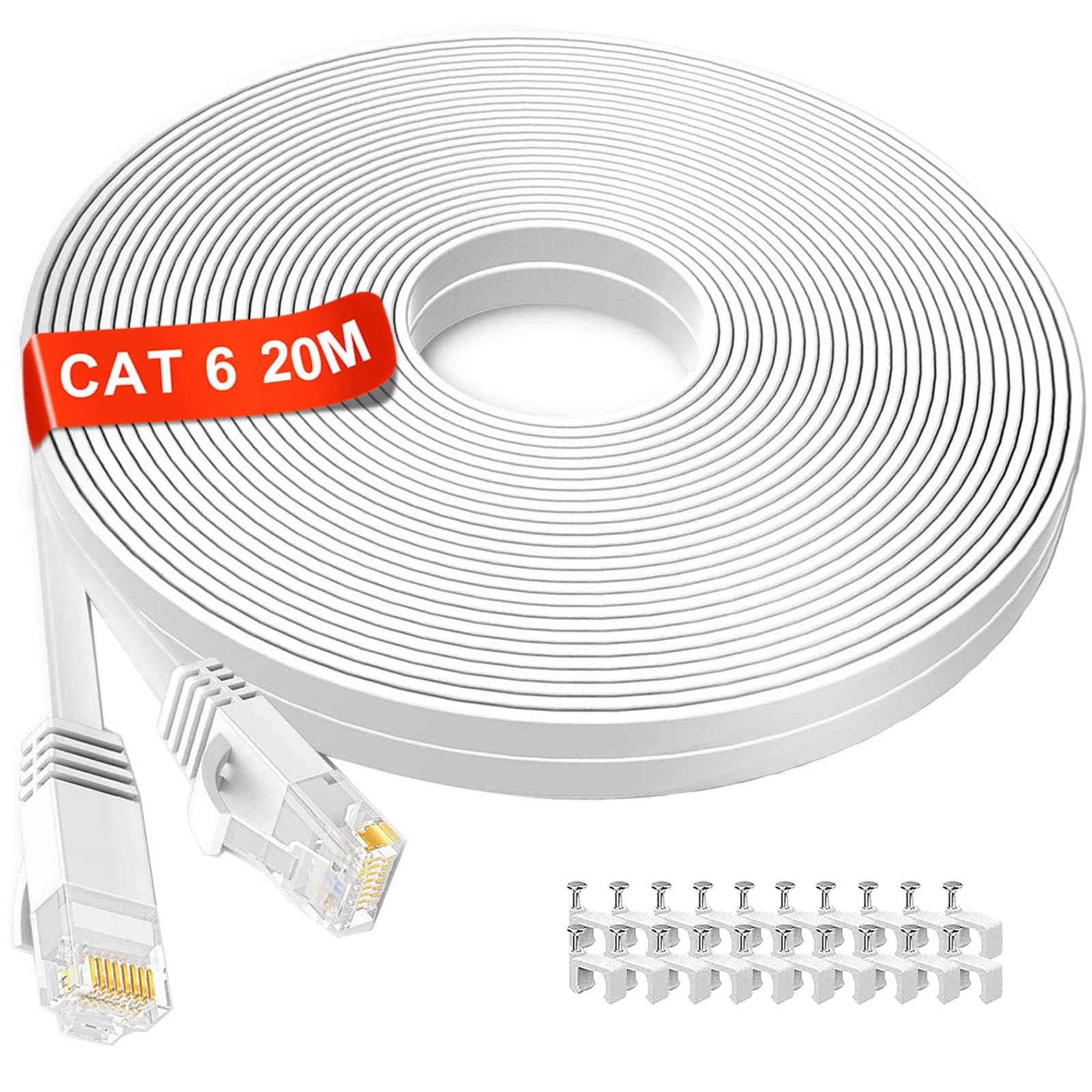 MEIPEK Network Cable 20m, Cat 6 High Speed Internet Cable 250MHz 1000Mbps, Flat Pure Copper Core RJ45 Ethernet Cable, UTP Gigabit White Broadband Patch Cable for Router Modem Switch PC (20 Clips)
