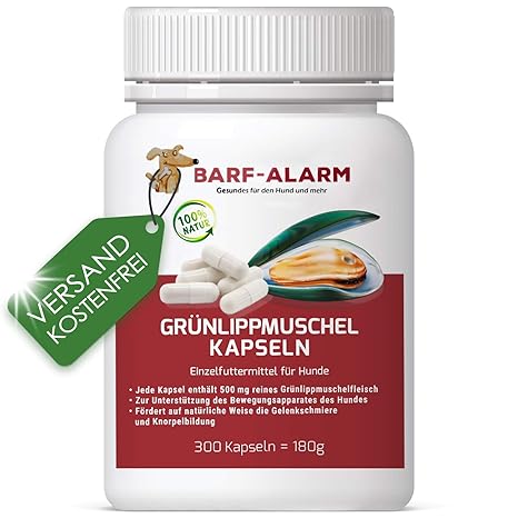barf-alarm Grünlippmuschel-Kapseln Hund – 300 Kapseln – 100% Grünlippmuschelpulver Kapseln für Hunde mit je 500mg – Grünlippe