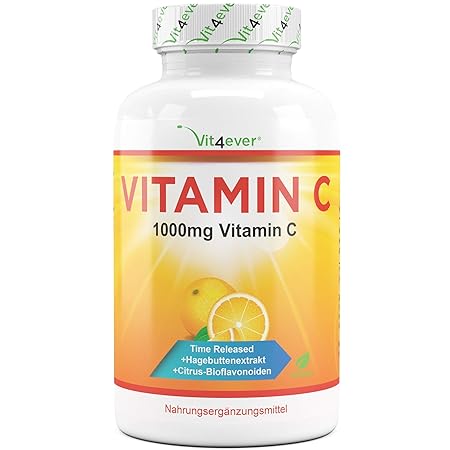 Vit4ever® Vitamin C 1000mg - 365 Tabletten im Jahresvorrat - Time Released Effekt - Laborgeprüft - Vitamin C + Hagebuttenextr