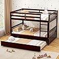 KOMFOTT Wood Full Over Full Bunk Bed with Trundle, Bunk Bed Frame with Ladder, Solid Wood Frame & Safety Guardrails, Space-Saving Bunk Bed for Teens & Adults, No Box Spring Needed