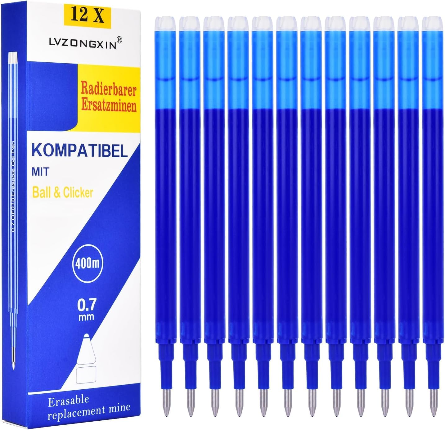 LVZONGXIN Erasable Refills, Compatible with Frixion, 0.7 mm [Set of 12, Blue]Thermosensitive Ink, 400 m Writing Length, 0.07mm