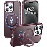 HuwaiH 360° Rotatable Magnetic Ring Stand for iPhone 15 pro max Case, Compatible with MagSafe, Military-Grade Shockproof, Anti-Scratch Matte Translucent Phone Case for iPhone 15 pro max(Burgundy)