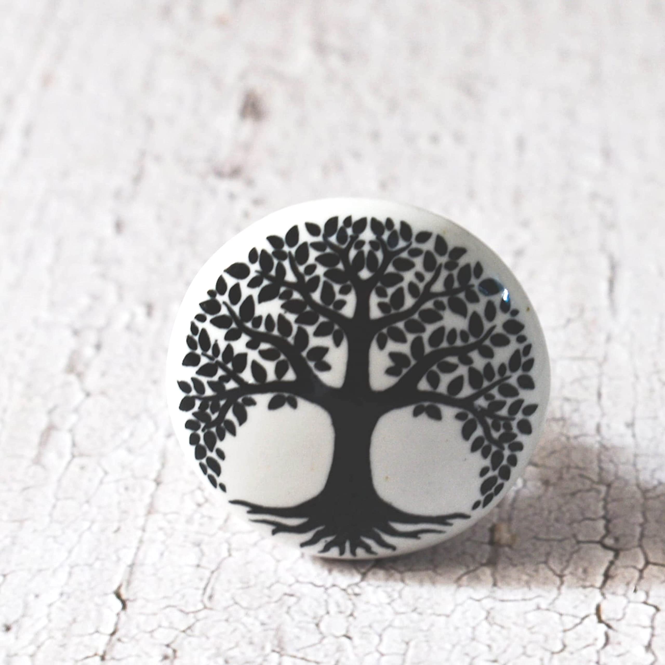 ARTISNO Hand Painted Ceramic Cabinet Drawer Pull/Use for Cupboard, Wardrobe Door/Kitchen Cabinet Pull- White Knobs, Black Knobs- Set of 10 (Tree of Life) — image 1