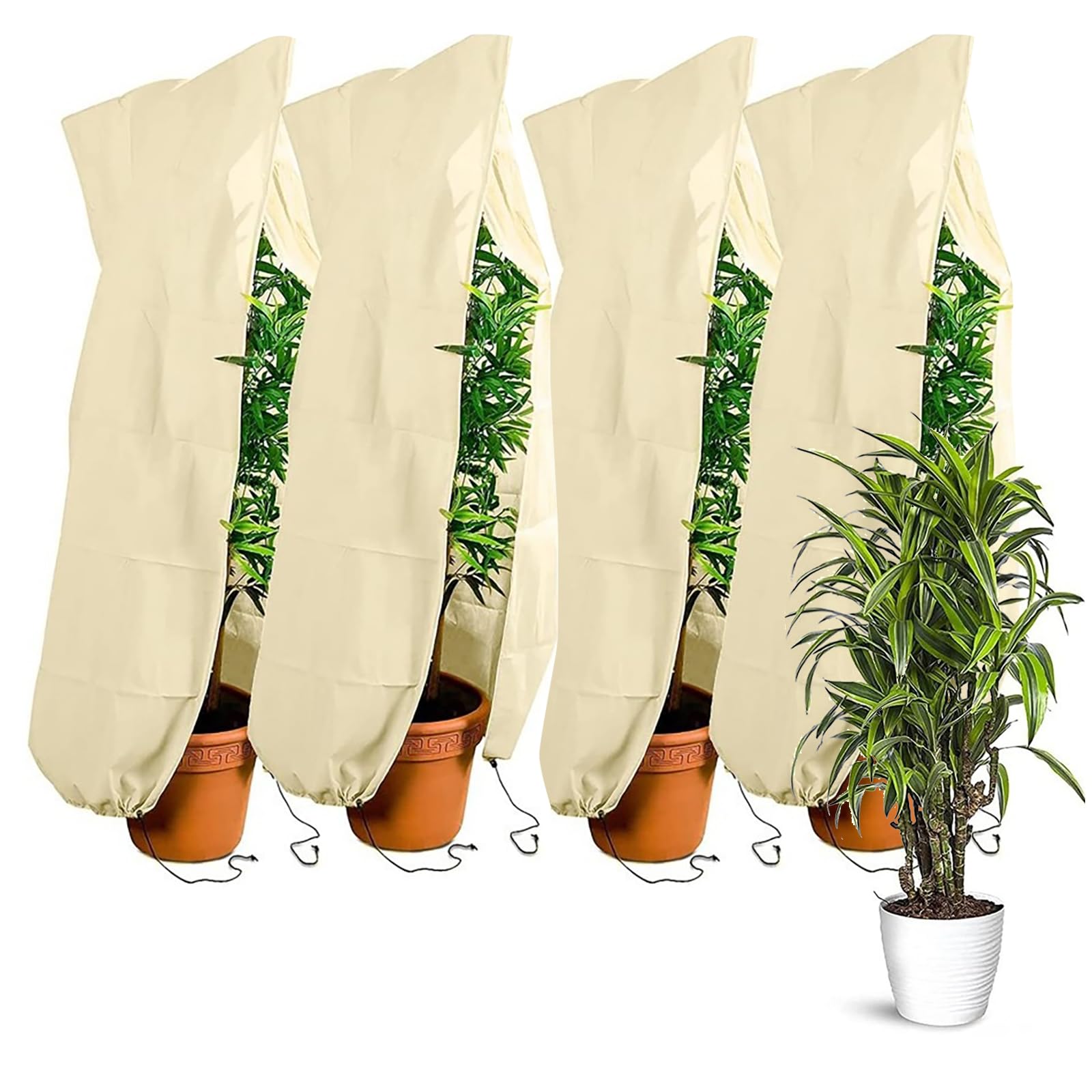 LWuuywa Winter Protection for Plants, Pack of 4, 80 x 100 cm, Breathable Plant Protection, Reusable Winter Jute Bag with Zip and Drawstring for Olive Tree, Palm Trees