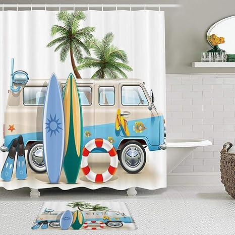 LISNIANY Duschvorhang Badezimmermatten Set，Urlaub Coastal Beach Camping