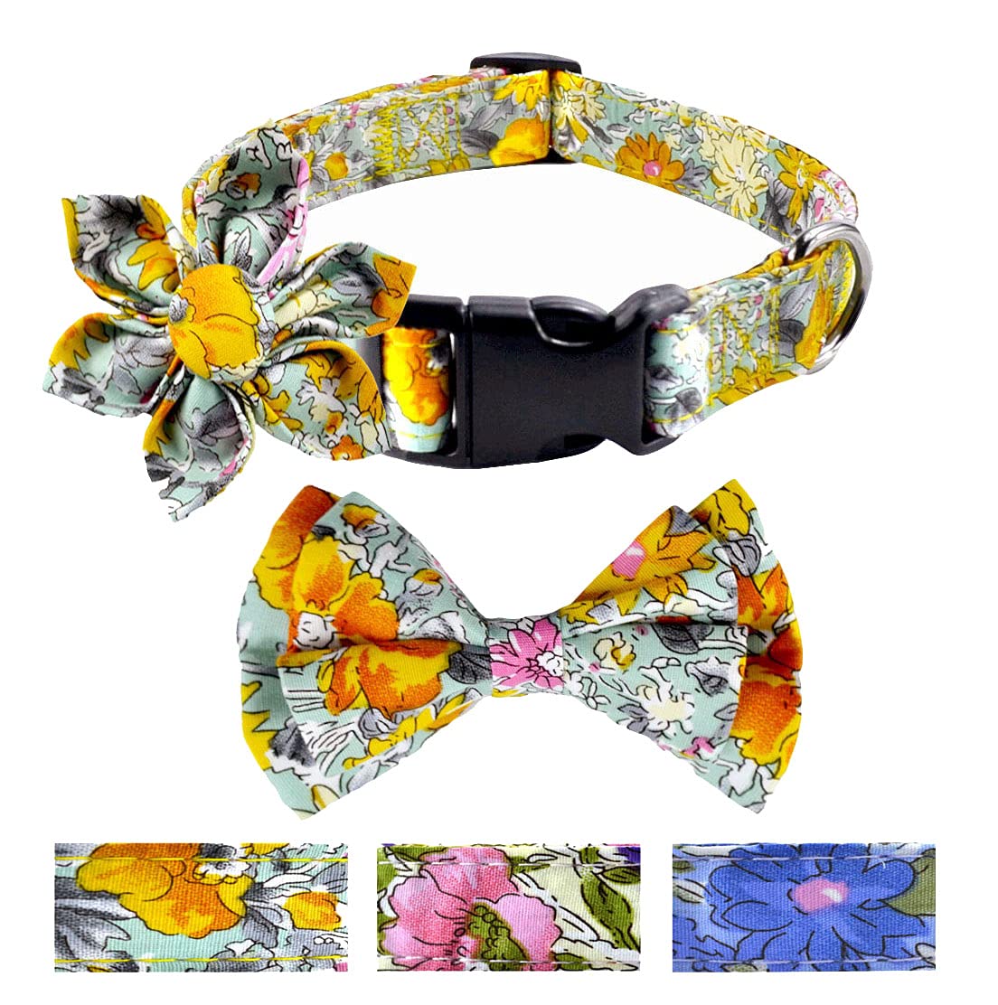 Moonpet Dog Collars with Replaceable Bow Tie &Flower - Adjustable Floral Pattern Dog Collars for Girl Female Small Medium Large Breeds Dogs-Yellow M