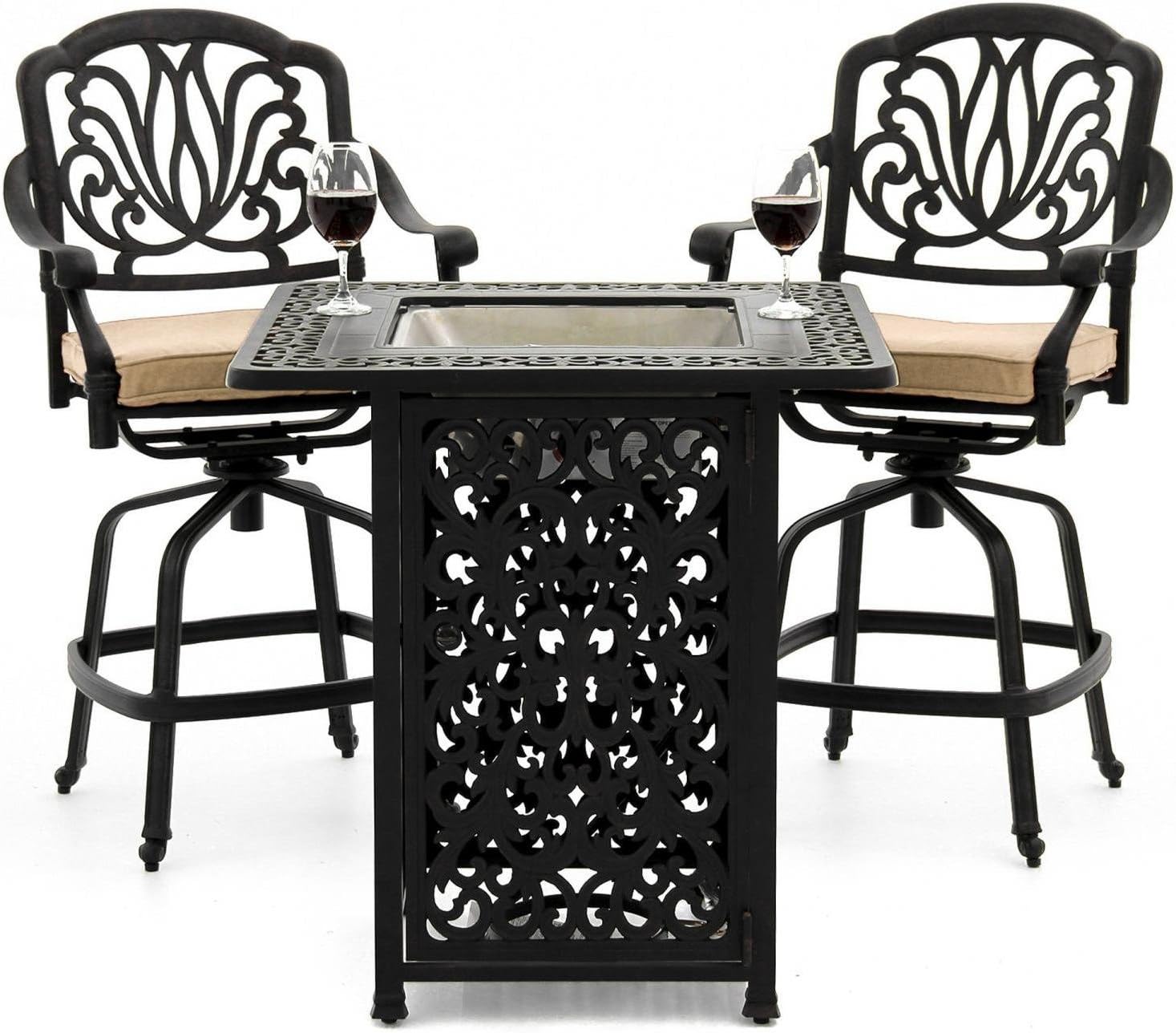 Rosedown 3 Piece Cast Aluminum Patio Counter Height Fire Table Bar Set By Lakeview Outdoor Designs - Linen Sesame