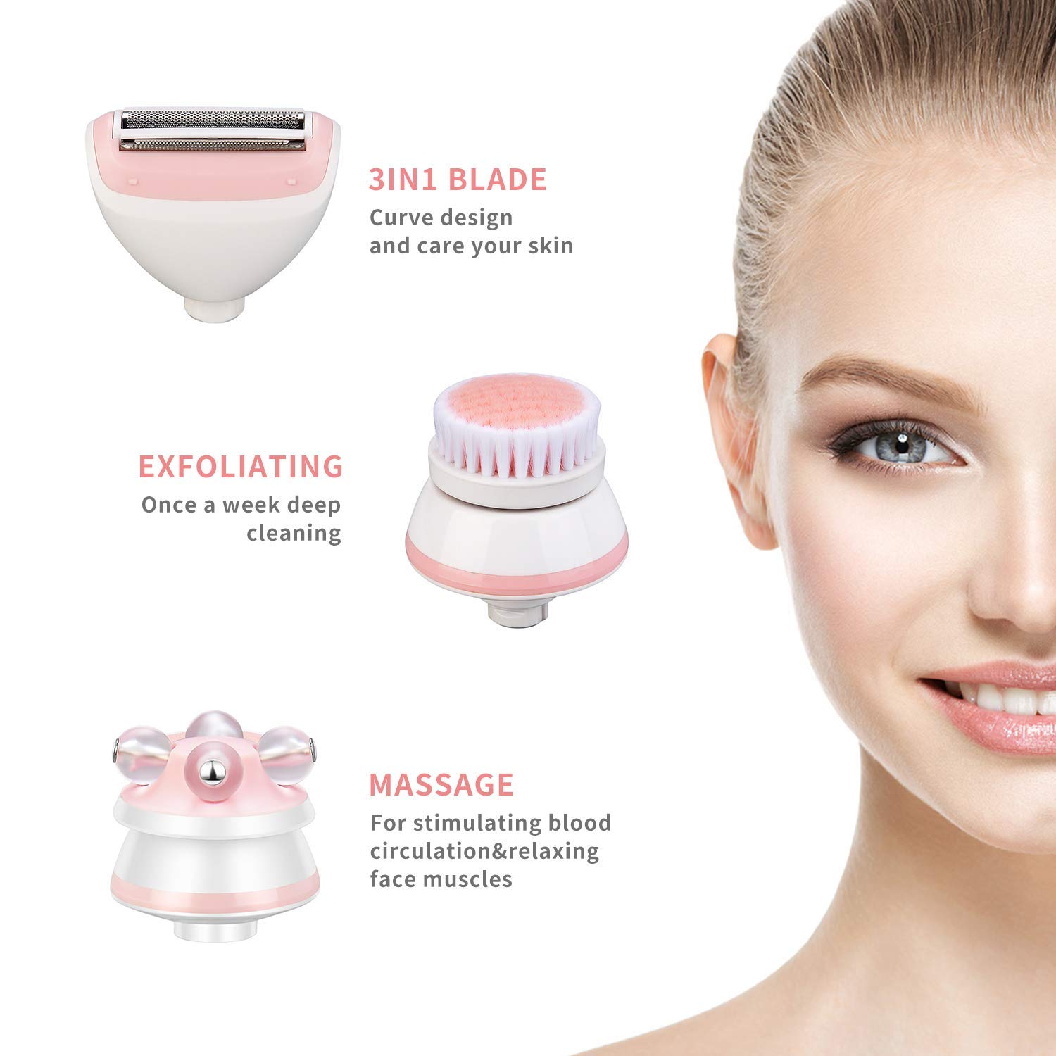 Lady Shaver, Sunblue USB Rechargable Waterproof Electric Ladies Bikini Trimmer, Facial Cleaning Brush and Rotating Massager 3 in 1 Mutifunction Set, Body Underarm Arms Legs Hair Female Shaver