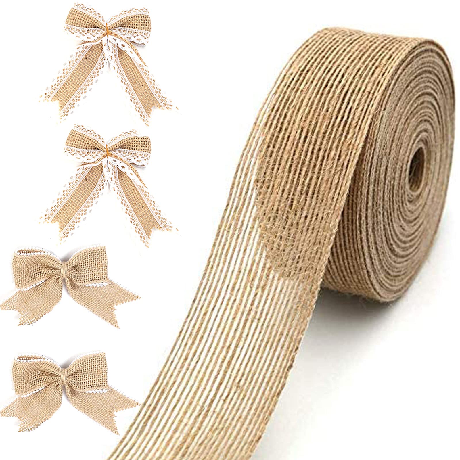 2 Roll Natural Ribbon Hessian Ribbon 2cmx20m Linen Ribbon Natural Rustic Jute Burlap Ribbon Roll Wide Raffia Ribbon with 1 Roll Jute Twine String and 1 Soft Tape for Cakes DIY Crafts Wedding Party