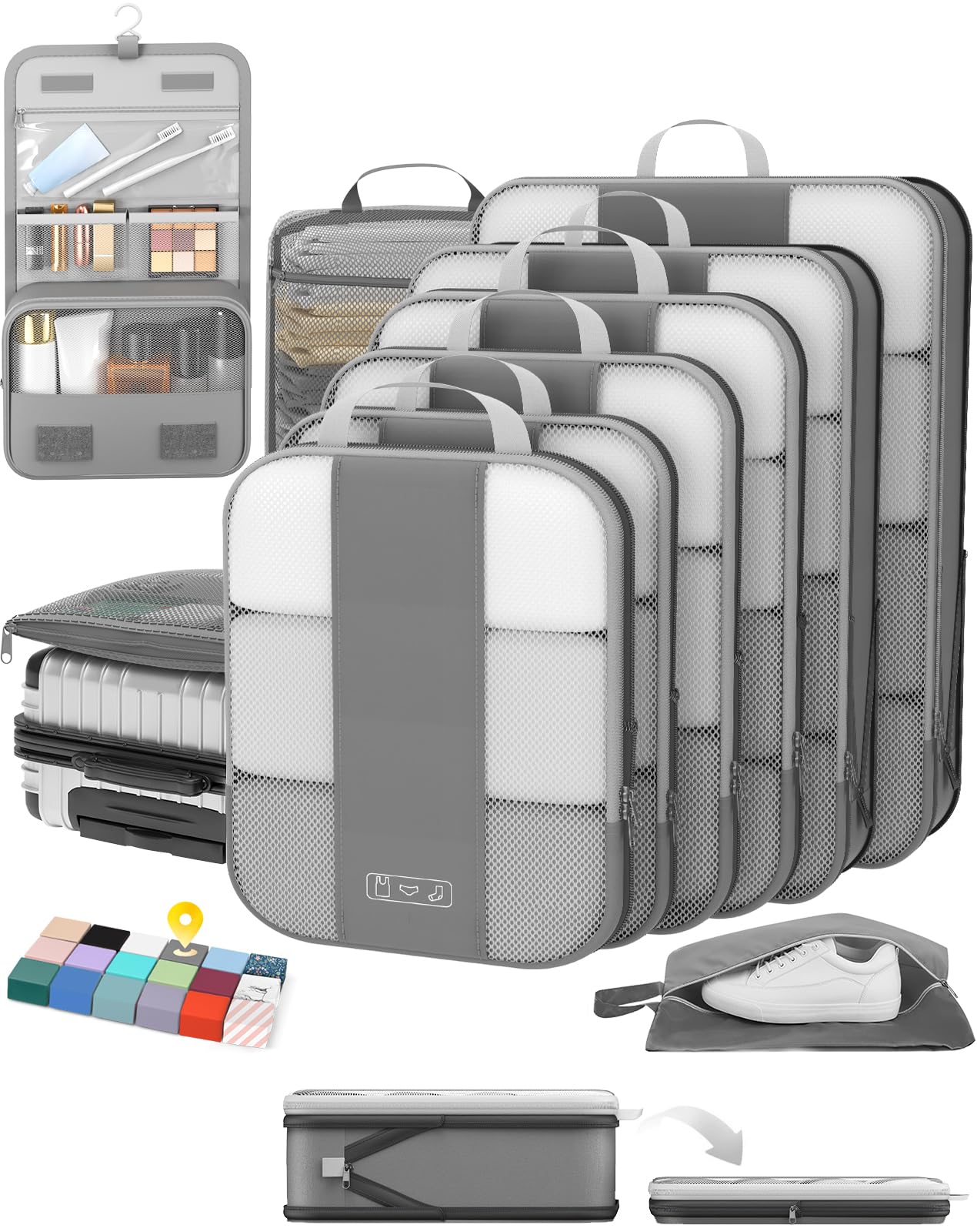 Photo 1 of 10 Set Compression Packing Cubes for Travel Essentials,Compressible Expandable Packing Cubes for Suitcase,OlarHike Luggage Organizer Bags for Travel,Handy Helper for Organizing Clothes(Gray)