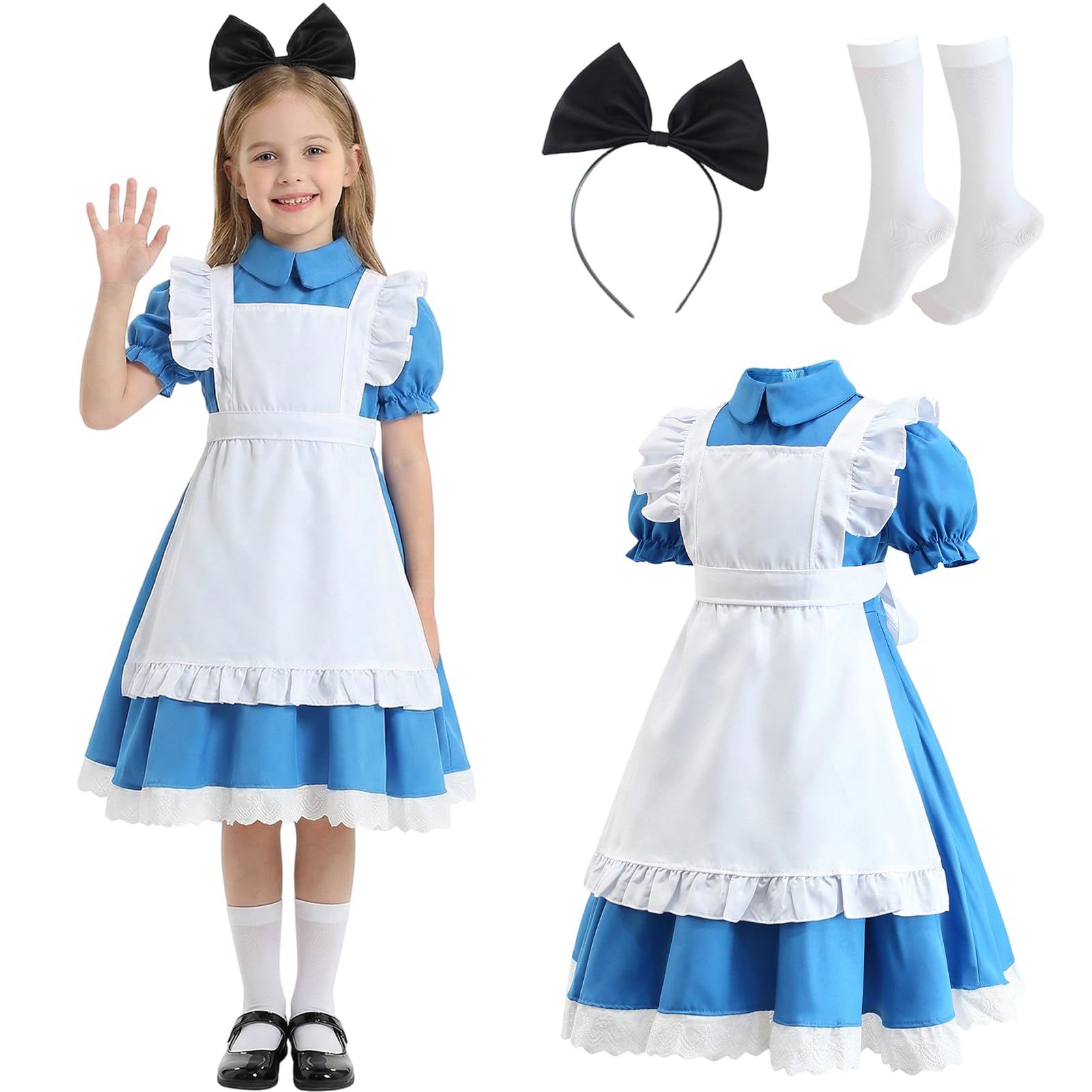 Crittygo Alice Costume, World Book Day Alice Wonderland Dress Up with Apron Bows Socks, World Book Day Alice's Fancy Dress