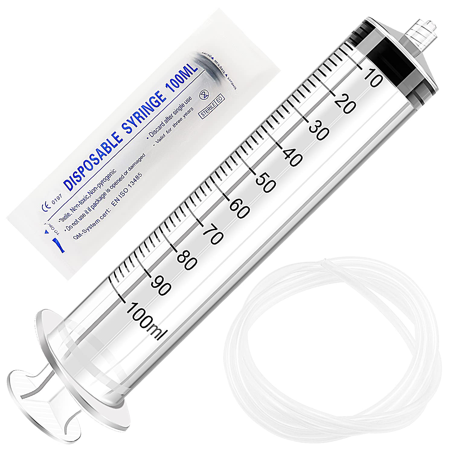 VooGenzek 100ml Luer Lock Liquid Measuring Tool and 130cm Plastic Tubing, Plastic Multipurpose Tube in Individual Wrap, for Scientific Lab, Measuring Liquid, Feeding