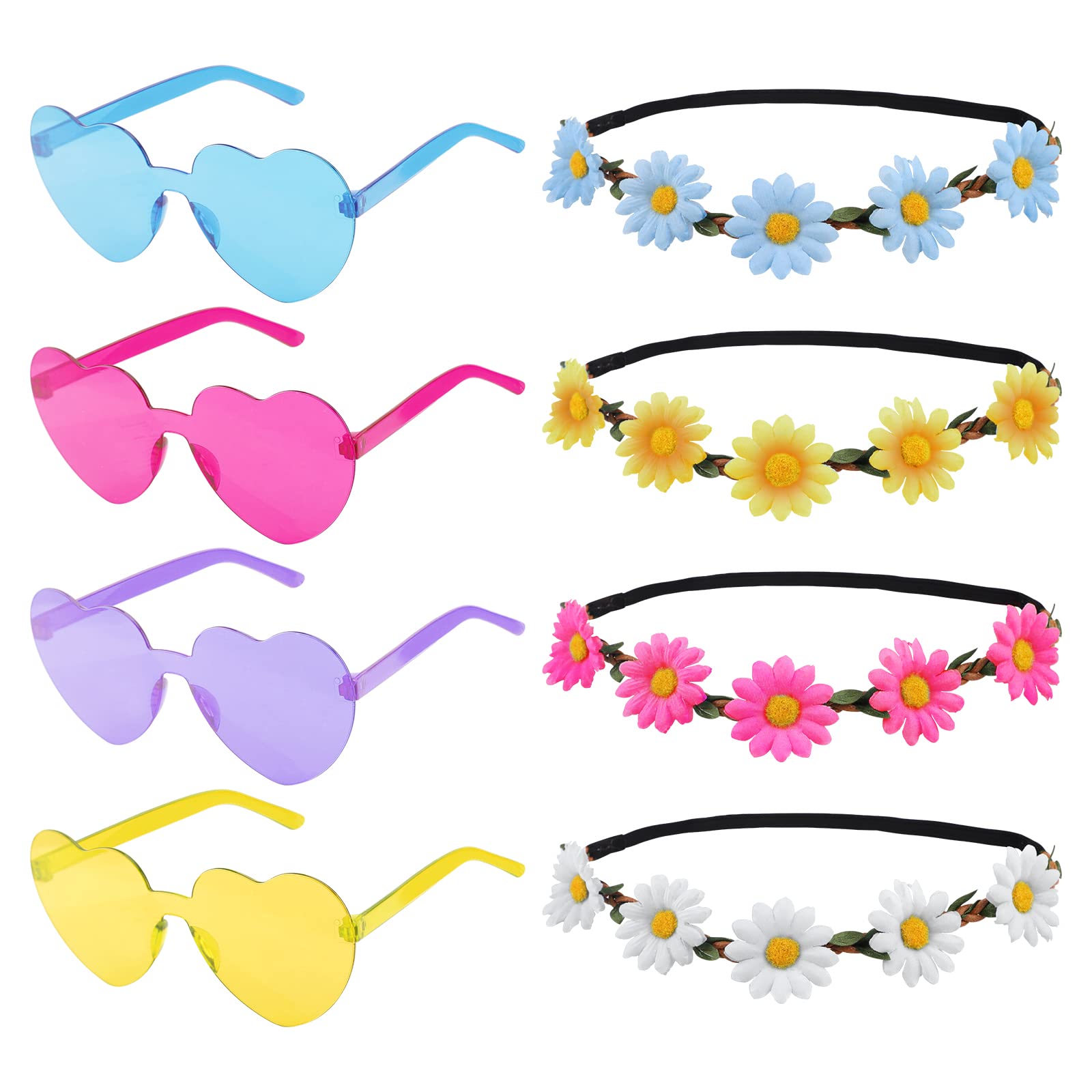 8 Pcs Hippie Costume Set,Vintage Hippie Glasses Sunflower Crown Headband,Daisy Flower Hair Bands Garland,Boho Halo Headpiece,60s 70s Style Theme Outfit Dressing Accessory,Floral Wreath for Women Men — image 1