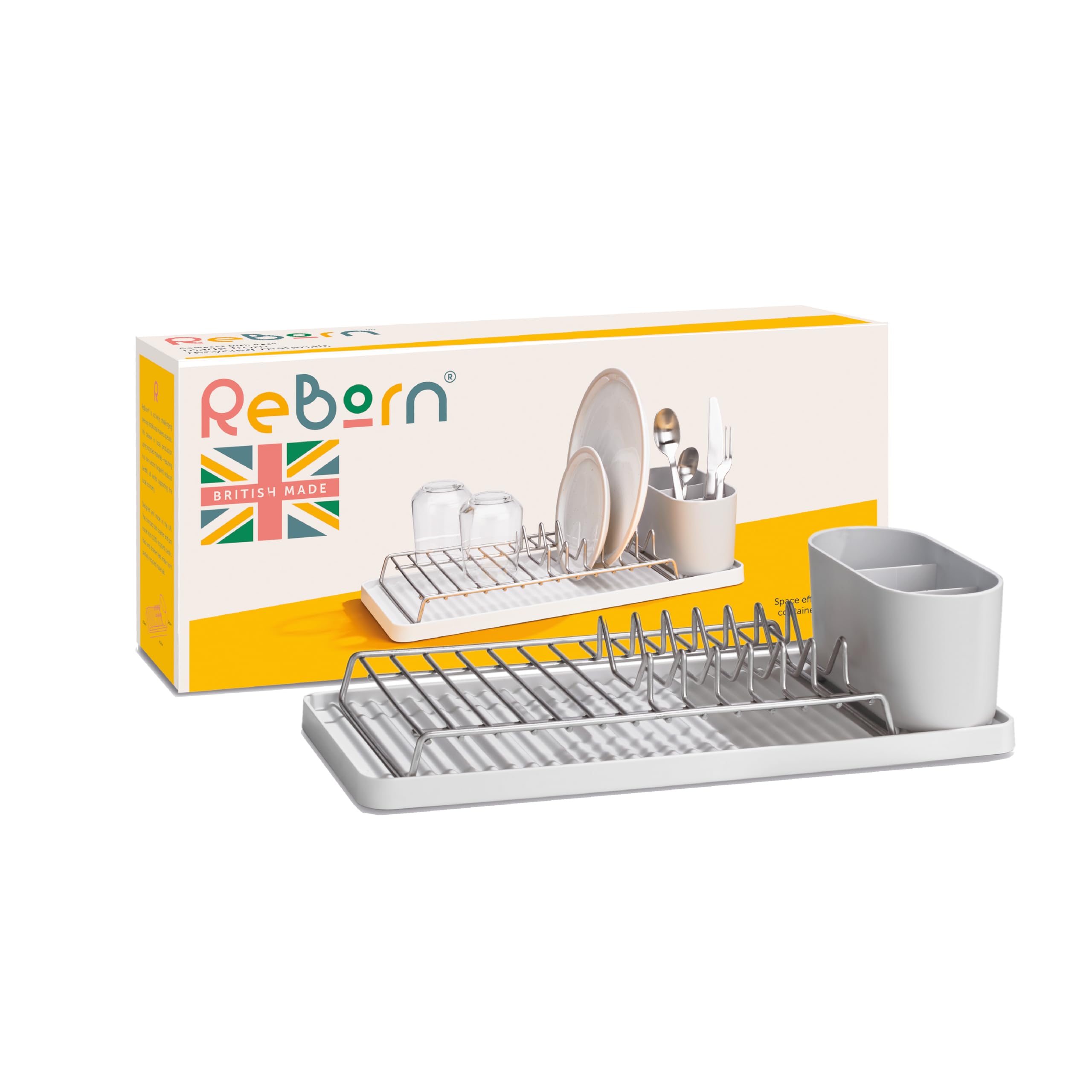 ReBorn Compact Draining Rack - Kitchen Sinkside Dish Drainer - Holds up to 6 Plates - Removable Cutlery Basket - Stainless Steel - Made in Britain from Recycled Materials (Stone, Compact)