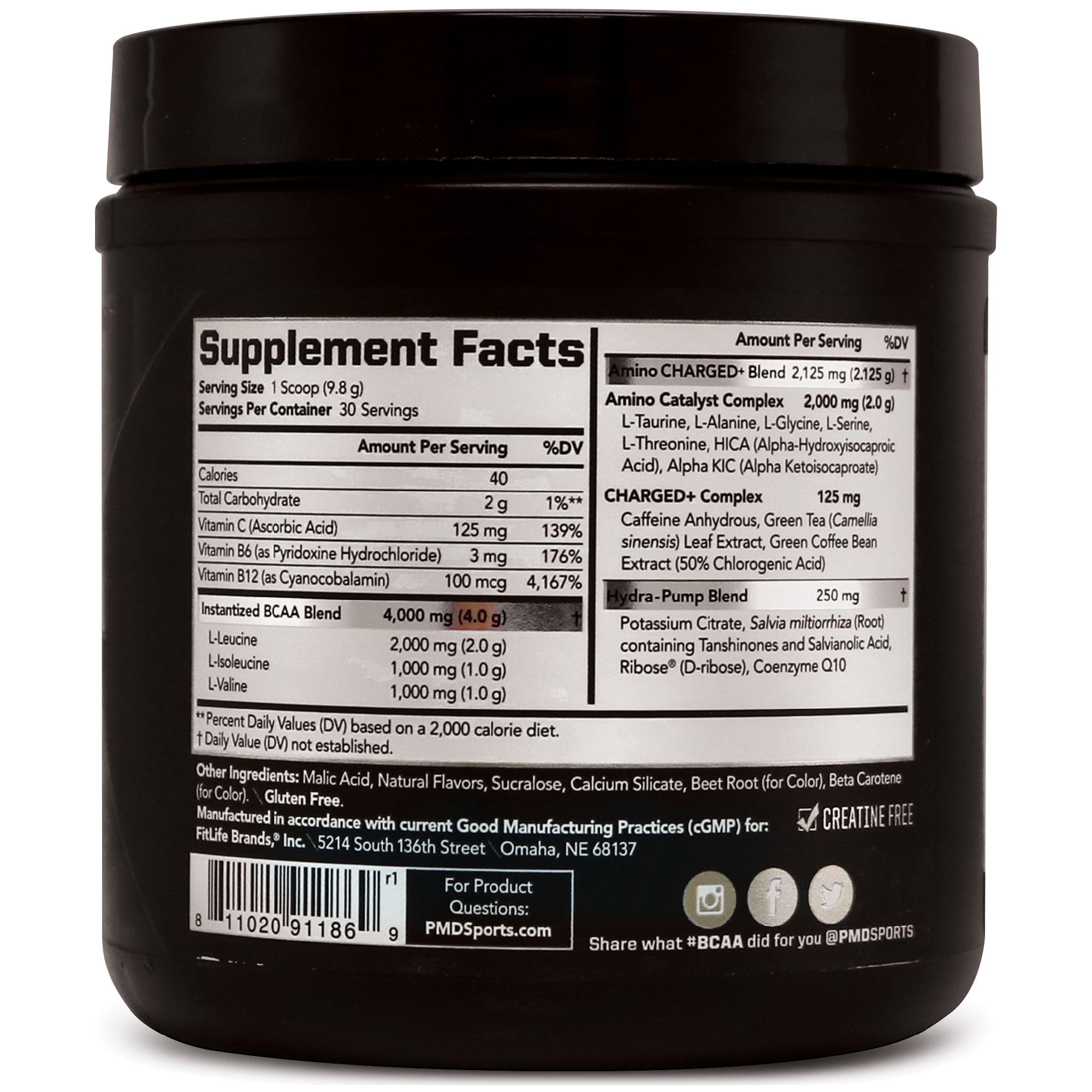 PMD Sports BCAA Charged Delicious Amino Acid Drink Mix for Performance and Recovery - Increase Muscle Function for Workout and Daily Energy - Sour Peach Ring (30 Servings)