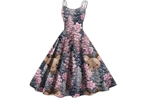 GENERIC Womens Christmas Themed Dresses Sleeveless Spaghetti Straps Xmas Printed A-Line Swing Evening Party Dress