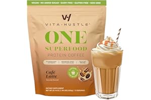 VitaHustle ONE Protein Coffee - Superfood Meal Replacement Powder, Plant Based Protein Shake Powder, Vegan. Superfoods, Vitamins, Ashwagandha, Functional Mushroom Blend (Cafe Latte) 15 Servings