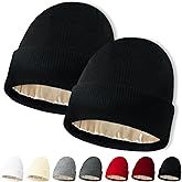 NPQQUAN 2 PCS Satin Lined Beanie for Women Silk Lined Beanies Winter Warm Soft Lining Cuffed Knit Beanie Hats for Women