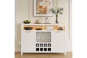 Svimi Fluted Home Bar Wine Cabinet with LED Light, Charging Station, Wine Rack - Buffet Cabinet with Storage, Coffee Bar Table, Stylish Fluted Credenza Cabinet for Modern Home Kitchen 47.2" White