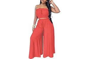 YUEWOO Two Piece Sets for Women Summer Outfits Crop Tops and Wide Leg Pants Sets Sexy Jumpsuits Vacation Outfits with Pockets