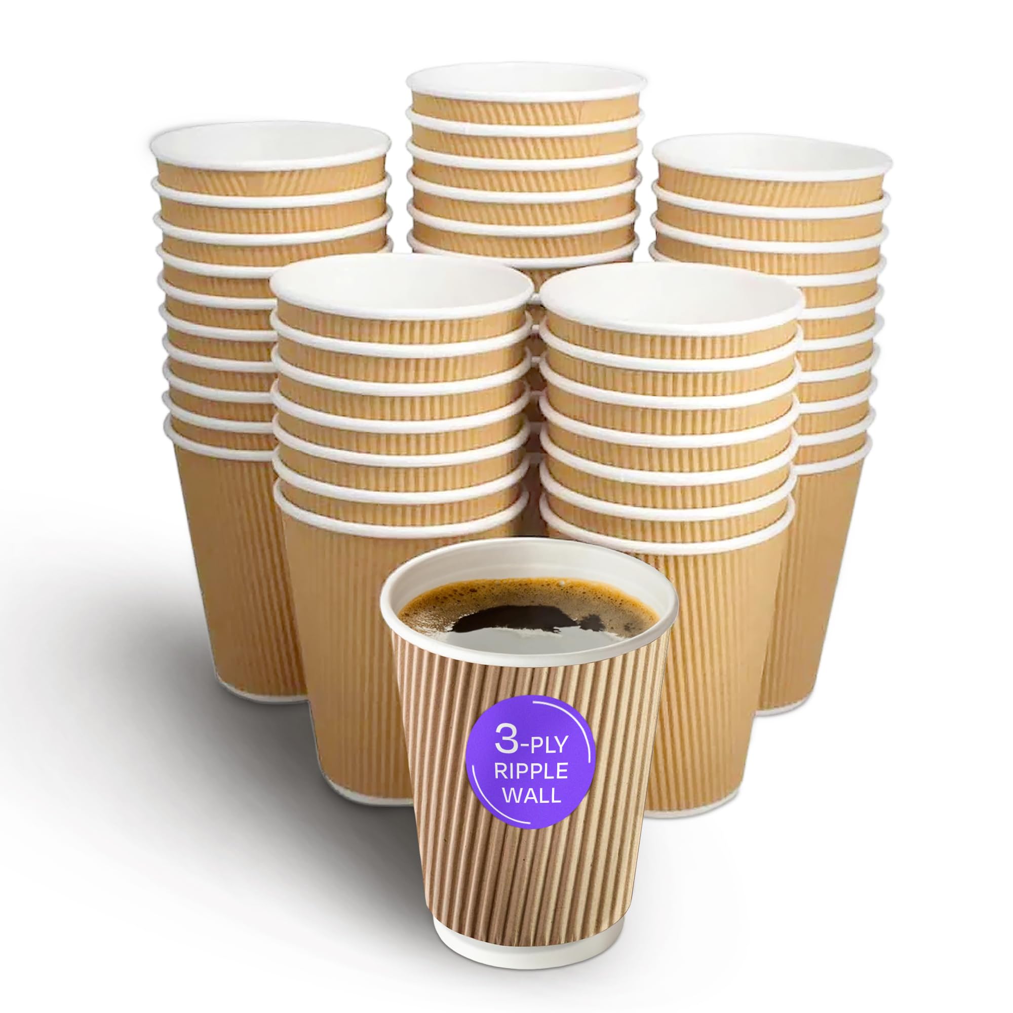We Can Source It Ltd - 50 x 12oz Ripple Brown Kraft Paper Cups - Strong 3-PLY Disposable Insulated Coffee Cups - Leak-Proof Recyclable Drinking Cups for Hot Drinks, Tea, Coffee and Beverages