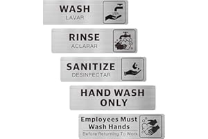 ELITESIGN 5PK Wash Rinse Sanitize Sink Labels, Hand Wash Only & Employees Must Wash Hands Signs, Bilingual Brushed Aluminum, Waterproof Peel and Stick for Commercial Kitchens Food Trucks, 7x2 Popular Styles