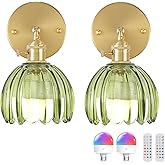 Shenmoyl Vintage Battery Operated Wall Sconce with Green Tulip Glass Lampshade 5000 mAh Rechargeable Battery Powered Wall Lig