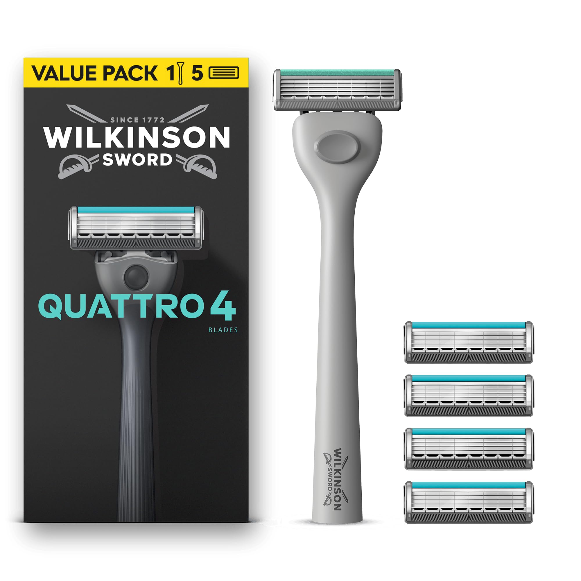 Wilkinson Sword Quattro Herrenrasierer, Vorteilspack, 4 diamantbeschichtete Klingen, Rasierergriff plus 5 Ersatzklingen