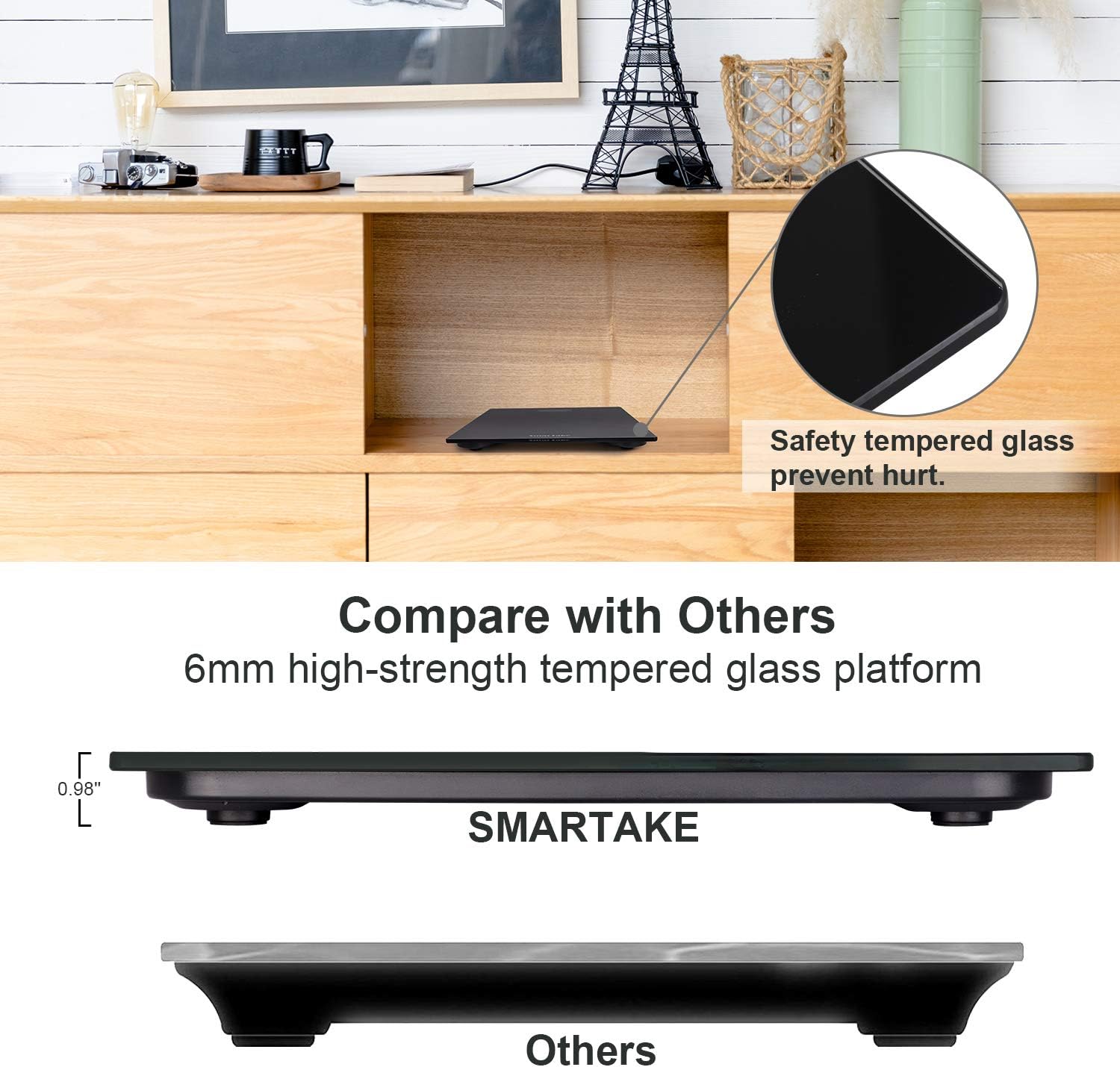 Weight Scale, SmarTake Precision Digital Body Bathroom Scale with Step-On Technology, 6mm Tempered Glass Easy Read Backlit LCD Display, Body Tape Measure Included, 400 Pounds, Black: Health & Personal Care