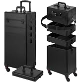 Somduy Rolling Makeup Case, Makeup Train Case with Lid, 5 in 1 Cosmetology Case on Wheels, Christmas Gift, Large Makeup Organizers, Profesional Cosmetic Case for Salon Barber, Black