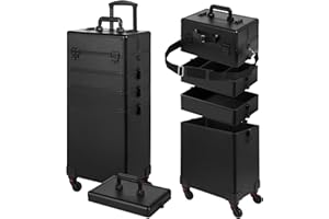 Somduy Rolling Makeup Case, Makeup Train Case with Lid, 5 in 1 Cosmetology Case on Wheels, Christmas Gift, Large Makeup Organizers, Profesional Cosmetic Case for Salon Barber, Black