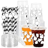 Whaline 50 Pcs Halloween Plastic Cups with Lids and Straws White Ghost Design Disposable Clear Drinking Cups 12 Oz for Birthday Party Supplies