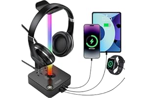 RGB Headphone Stand with USB Charger COZOO Desktop Gaming Headset Holder Hanger with 3 USB Charger and 2 Outlets - Suitable f