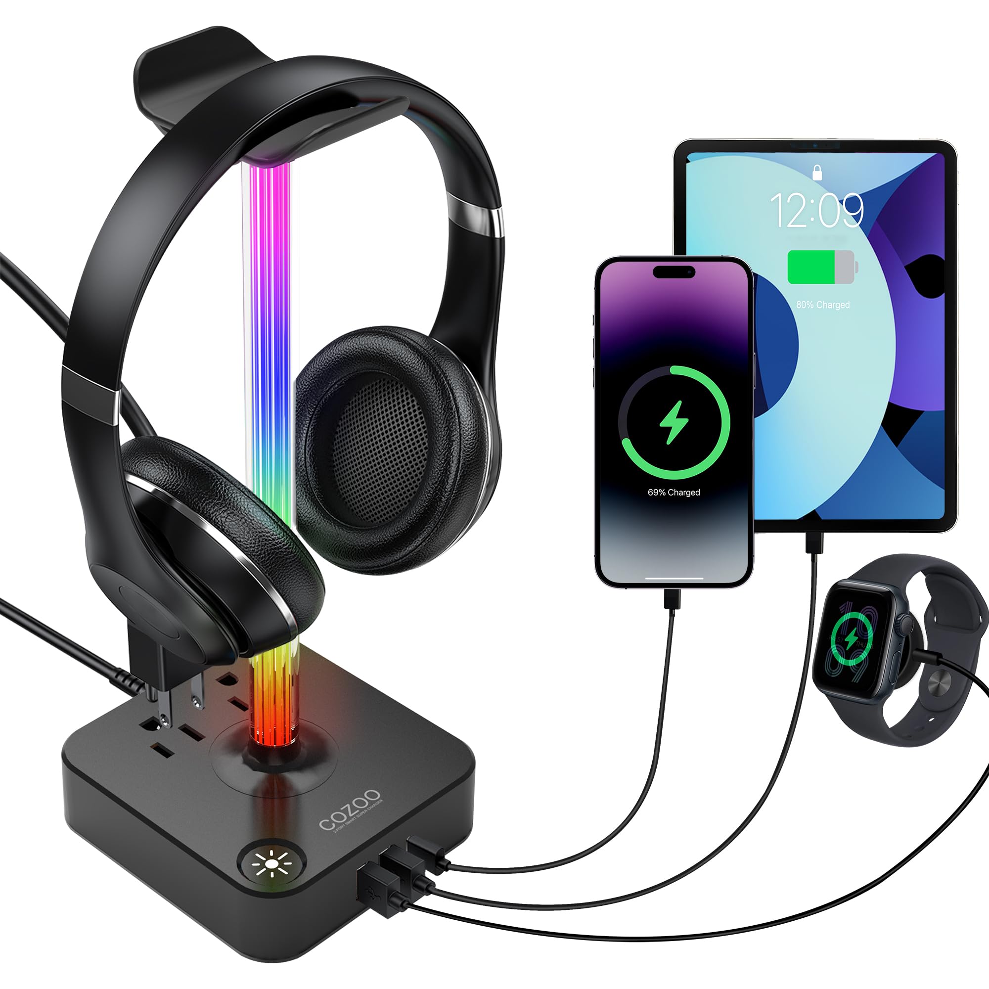 Photo 1 of RGB Headphone Stand with USB Charger COZOO Desktop Gaming Headset Holder Hanger with 3 USB Charger and 2 Outlets - Great for Gaming, DJ, Wireless Earphone Display,Gamer PC Accessories Boyfriend Gifts