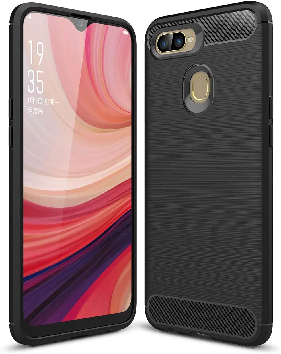 A5XIAKA Oppo A7 / A5S Ultra Thin Carbon Fiber Rugged Soft Phone Case Back Cover (Black)