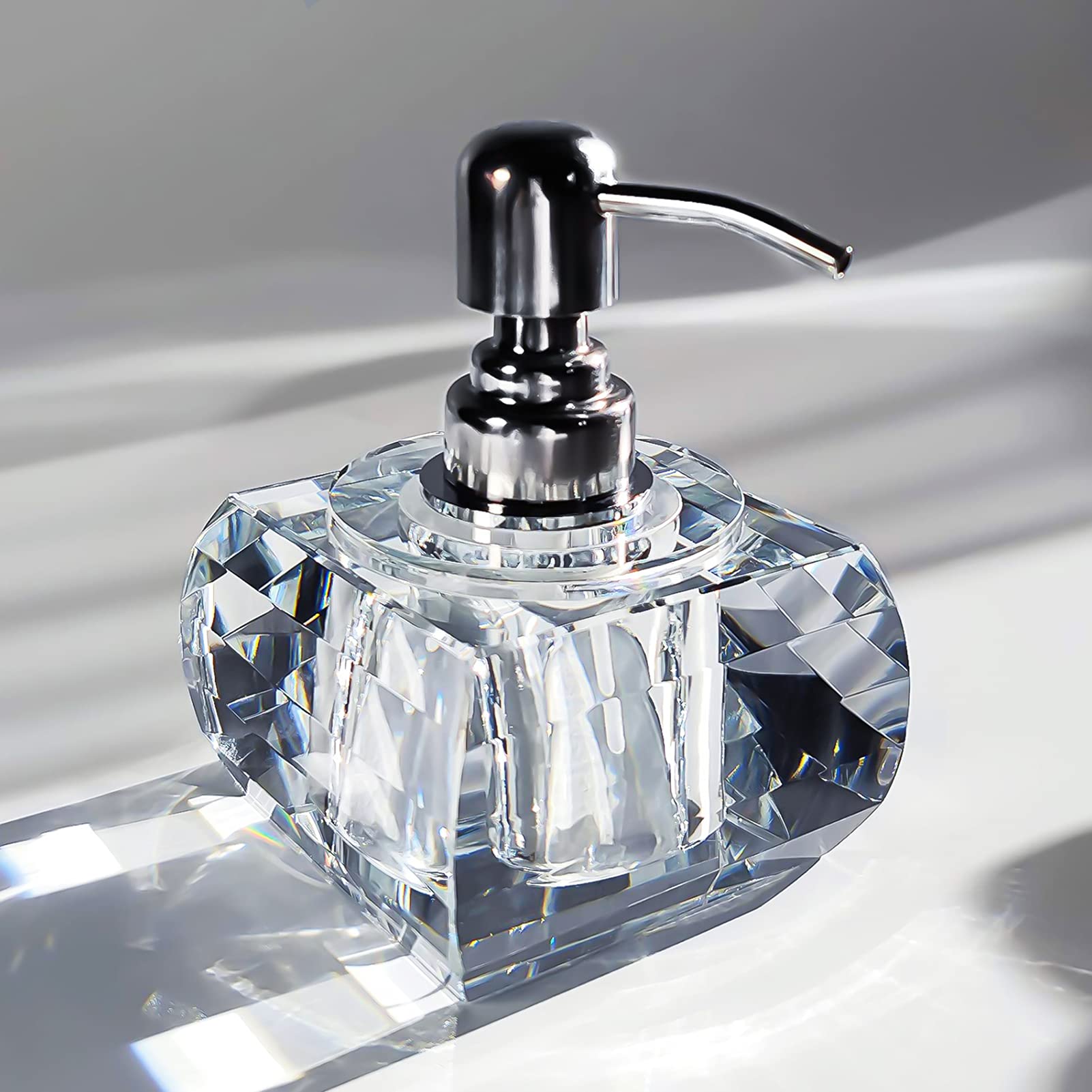 Photo 1 of QTQZDD Crystal Glass Soap Dispenser for Bathroom, Modern Decorative Hand Soap Dispenser with Rust Proof Stainless Steel Pump, Lotion Dispenser for Kitchen Hotel Club Ornaments-Clear Glass