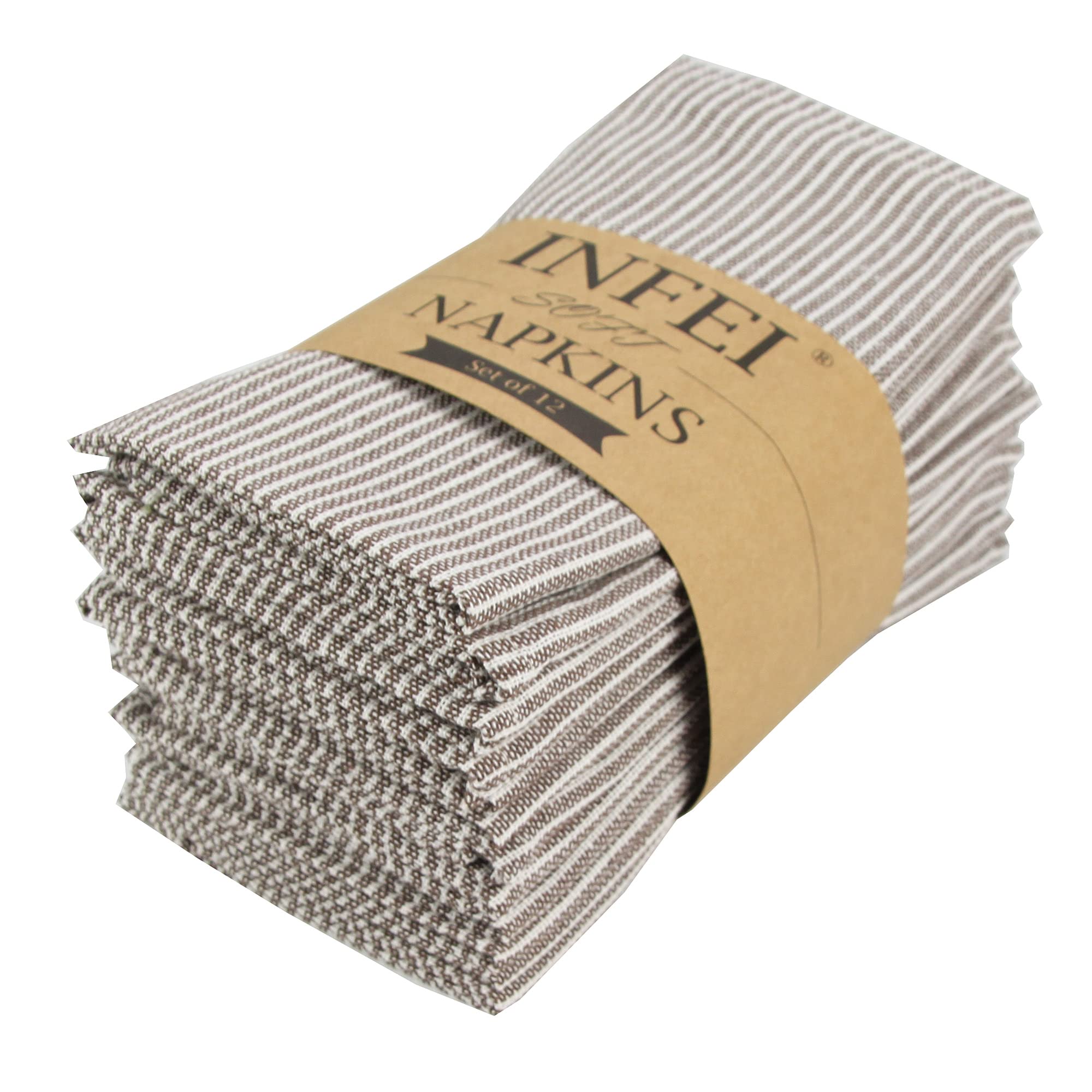 Photo 1 of INFEI Narrow Striped Cotton Linen Blended Dinner Cloth Napkins - Set of 12 (40 x 40 cm) - for Events & Home Use (Brown)