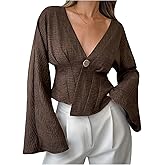 SweatyRocks Women's Ruffled Bell Long Sleeve Wrap Asymmetrical Top V Neck Elegant Shirt Blouses