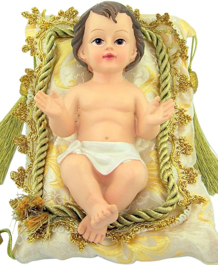 Infant Jesus Christ on Gold Threaded Cushion Resin Statue for Nativity Set, 5 Inch