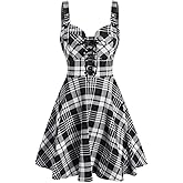 DRESSFO Women's Gothic Dress Plaid Print Lace-up Front Buckle Strap Dress Retro Empire Waist Dress Vintage 1950s Dresses