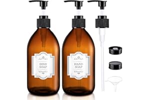 Amber Glass Soap Dispenser with Pump 16 oz, Homepicker Hand and Dish Soap Dispenser Set for Body Oil, Brown Glass Bottles with 1 Extra Pump Tops, Black Caps, Labels (2 Pack)