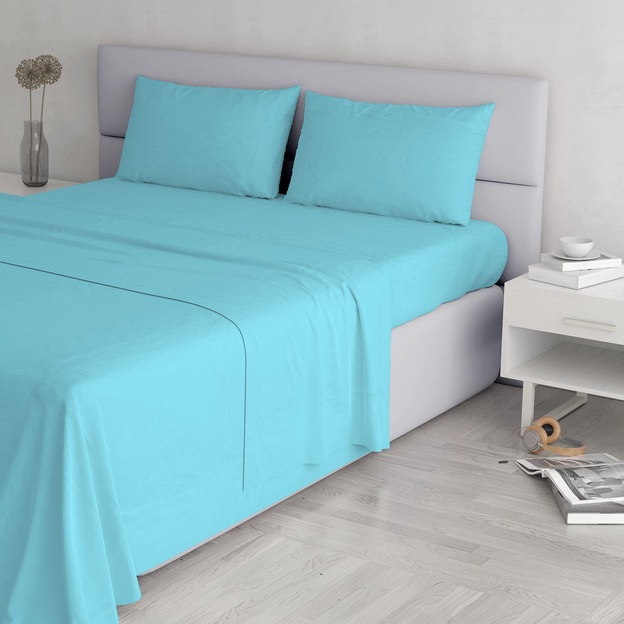 Italian Bed Linen Elegant Bed Linen Set (Flat 250x300, Fitted Sheet 170x200cm+2 Pillowcases 52x82cm), Light Blue, DOUBLE