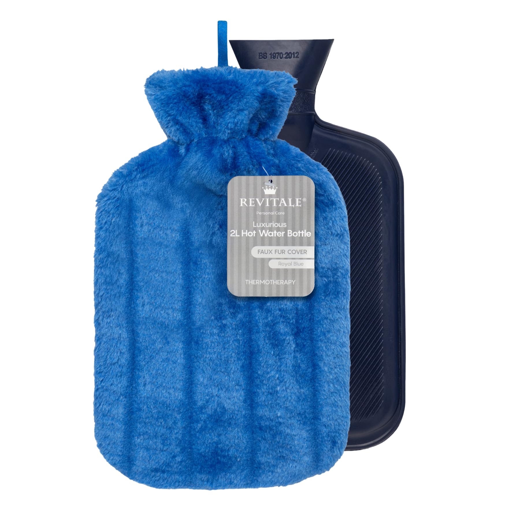 Revitale Luxury Cosy Hot Water Bottle 2 Litre, Soft Cover, Single Ribbed Natural Rubber 2025, British Standard BS1970:2012, Durable & Leak-Resistant (Royal Blue)