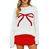 Milumia Women's Bow Print Drop Shoulder Long Sleeve Sweater Crew Neck Knit Fall Tops