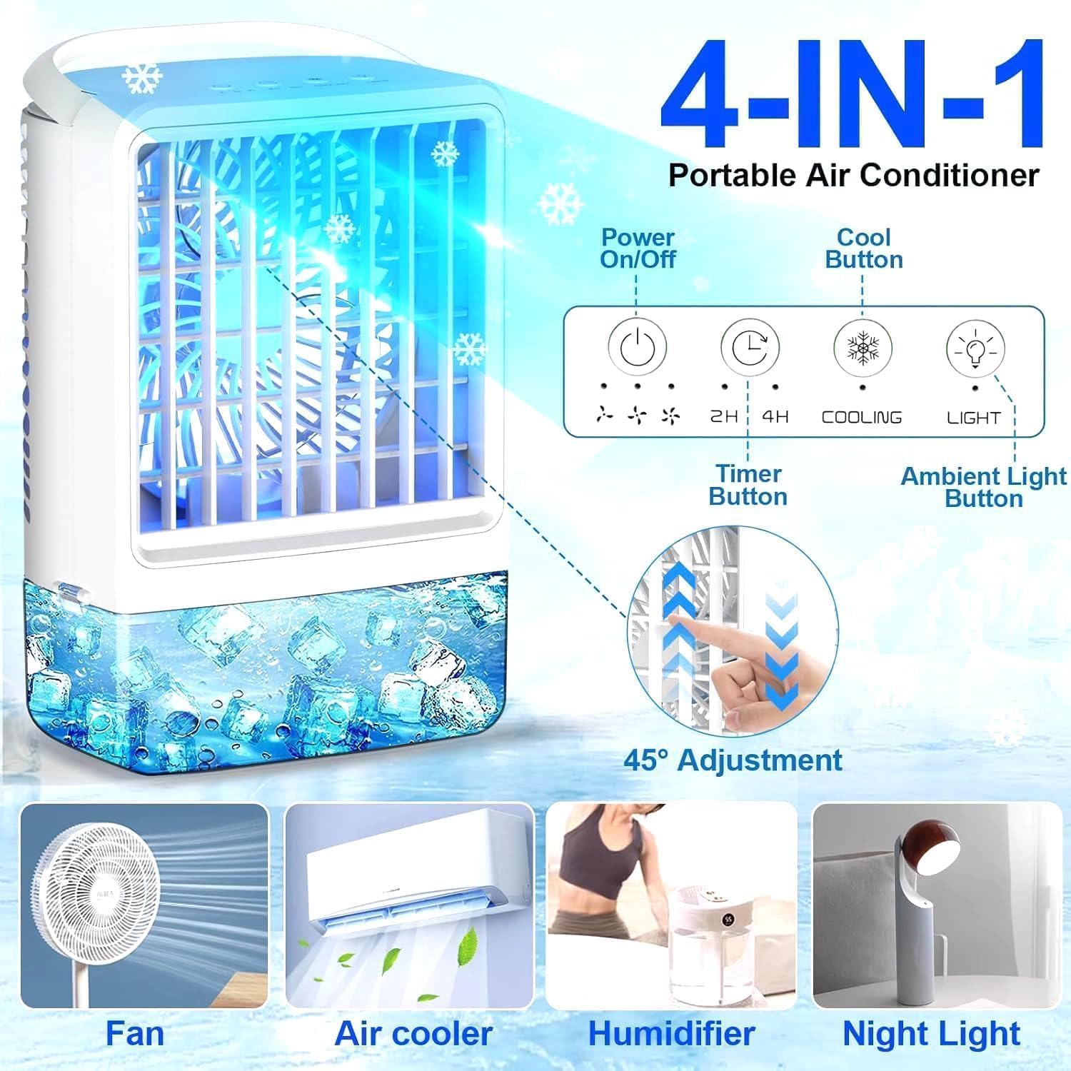 Mini Air Conditioner Portable AC Portable Air Conditioners with 1200ml spray/hour 3 Speed Wind & 7 Colorful LED Light Cool Mist &Timer Evaporative Air Cooler for Bedroom/Home/Office
