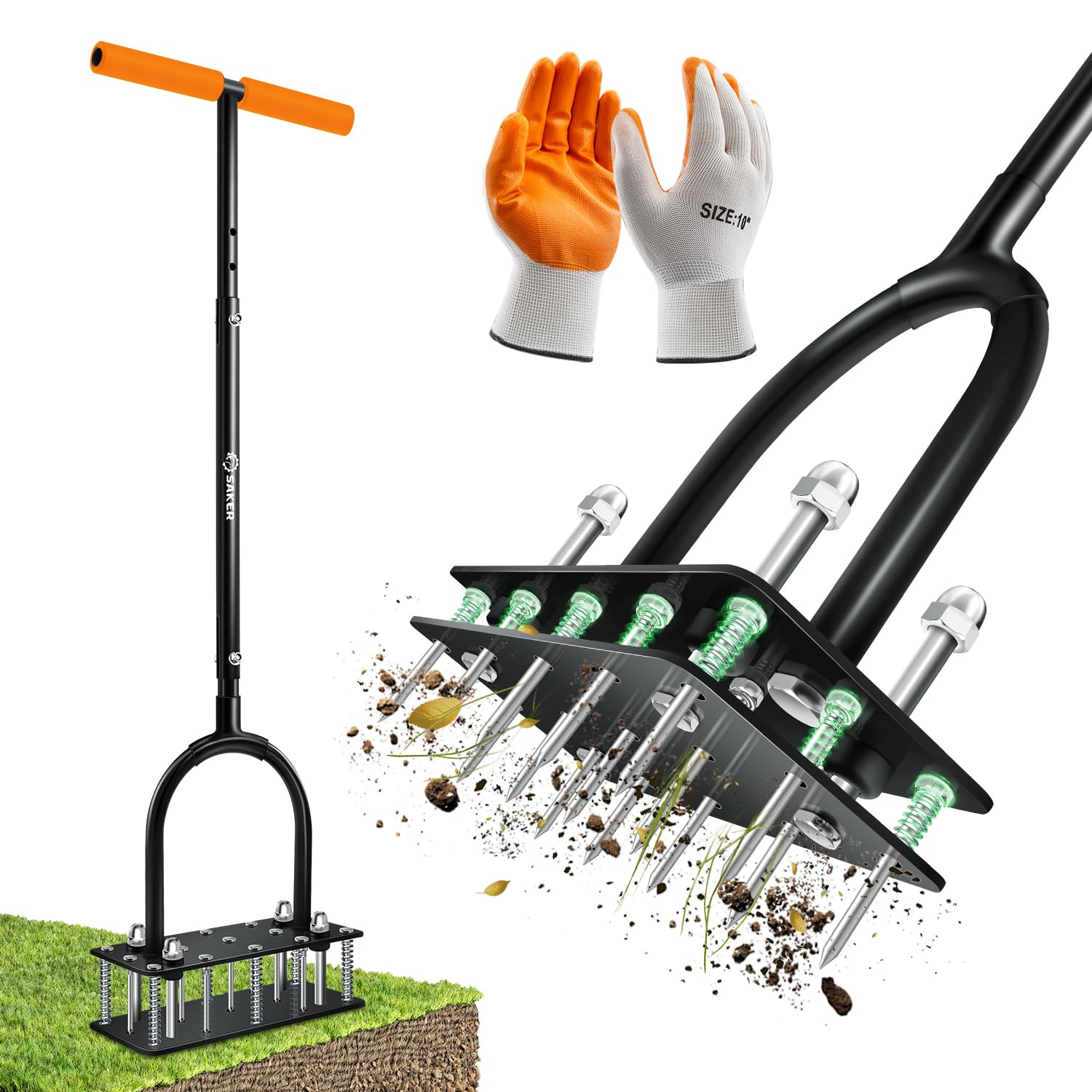 Photo 1 of Saker Manual Lawn Aerator Tool, with 15 Iron Spikes Adjustable Height, Double-Layer Spring, Heavy-Duty Iron Lawn Aerator Tool with Gloves for Loosening Soil Aerating Patio, Yard, Garden Orange