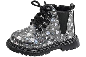 Girls Sparkly Love Heart Ankle Boots Glossy Surface Lace Up Combat Boots Side Zipper Comfortable Booties
